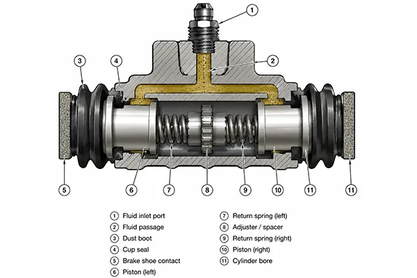 Wheel cylinder cross-section diagram showing internal components