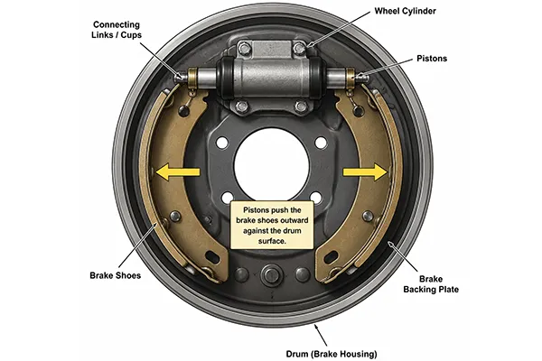 Drum brake system diagram showing wheel cylinder position
