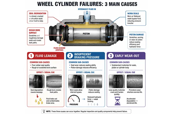 Wheel cylinder failure diagram showing common leak points