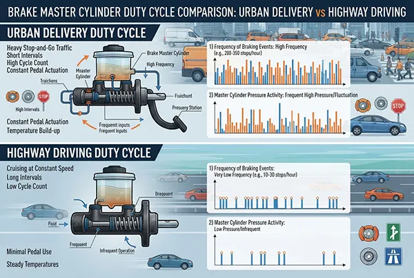 Duty cycle versus odometer for brake master cylinder wear brake master cylinder duty cycle comparison urban delivery versus highway driving