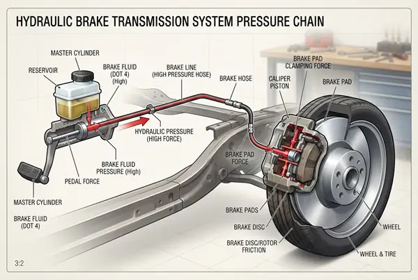 hydraulic brake transmission system pressure chain from master cylinder to caliper