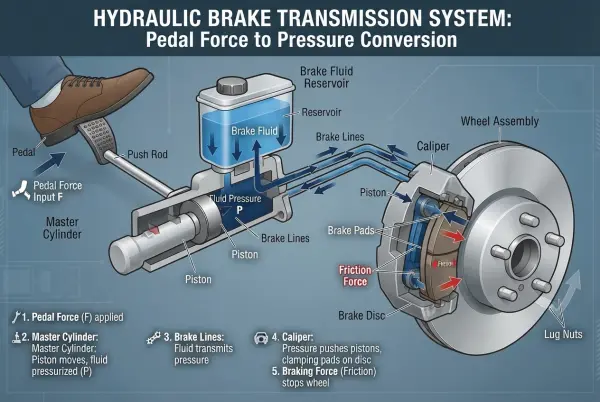 how a hydraulic brake transmission system converts pedal force into pressure