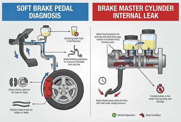soft brake pedal diagnosis versus brake master cylinder internal leak