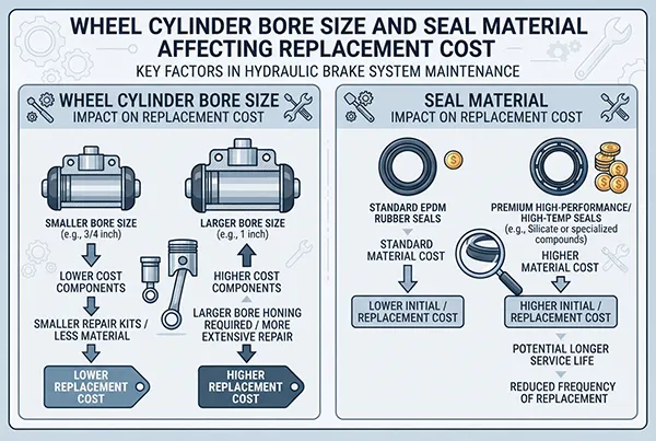 Bore tolerance, seals and coating as cost variables wheel cylinder bore size and seal material affecting replacement cost